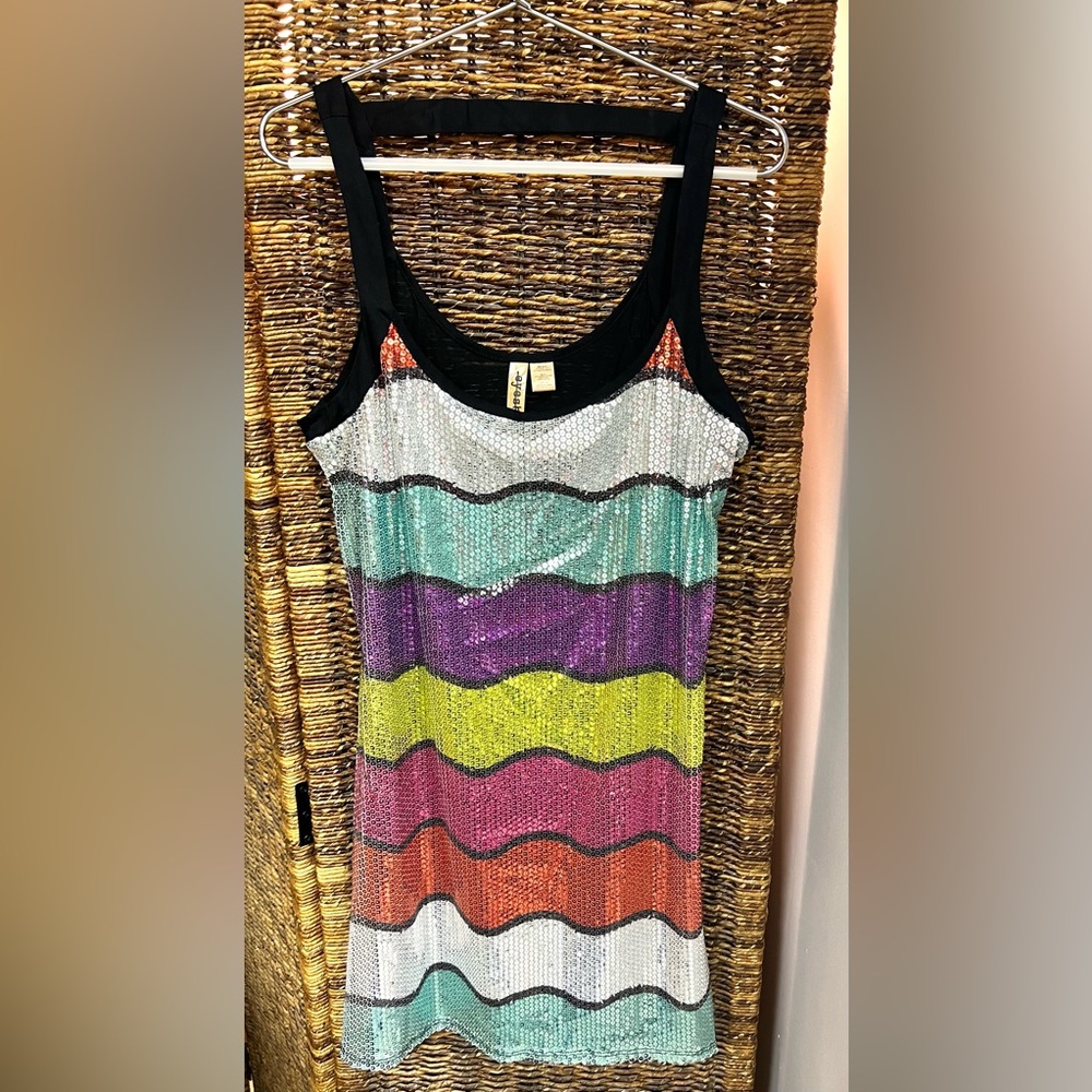 Eyeshadow Black-Trim Sequin Stripe Mini Dress in Multicolor